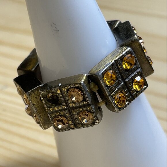 Chunky Strech Ring Four Four Square Amber Colored Crystal Rhinestone - Picture 2 of 3